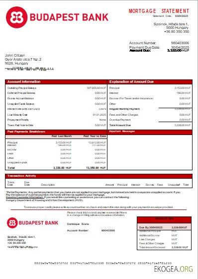Hongrie Budapest Bank – Relevé hypothécaire de la banque Szolnoki Fiók scr